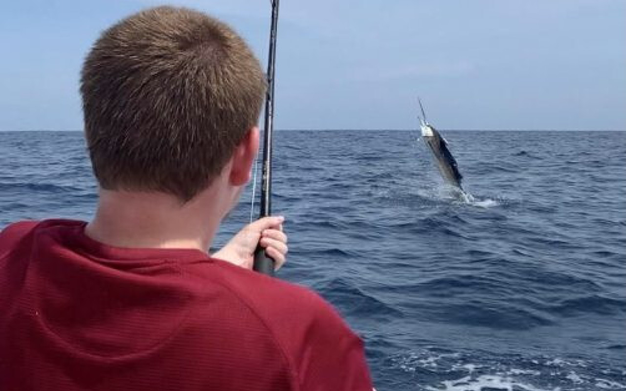 Young man reeling in marlin from boat